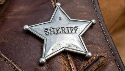 Silver metal sheriff star badge on brown leather texture background