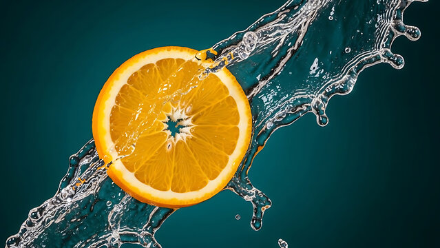 Vibrant orange slice splashing through clear water against a deep teal background citrus