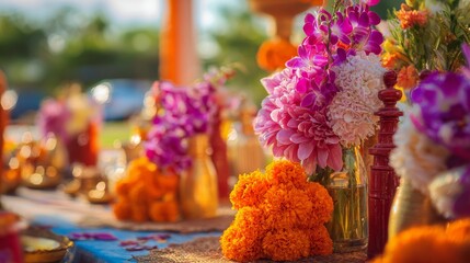 Vibrant marigold and orchid garland flower decoration in front of an Indian temple, rich orange  purple tones with gold accents glowing in soft sunlight, closeup focus with blurred festive accessories