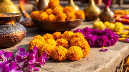Vibrant marigold and orchid garland flower decoration in front of an Indian temple, rich orange  purple tones with gold accents glowing in soft sunlight, closeup focus with blurred festive accessories