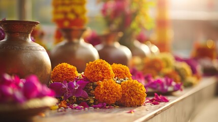 Vibrant marigold and orchid garland flower decoration in front of an Indian temple, rich orange  purple tones with gold accents glowing in soft sunlight, closeup focus with blurred festive accessories