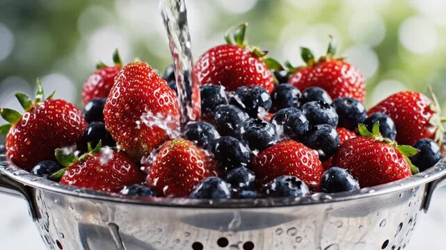 Fresh strawberries and blueberries being rinsed under running water in a colander