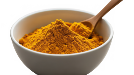 Heap of vibrant yellow turmeric powder in a white ceramic bowl with a wooden spoon isolated on transparent background