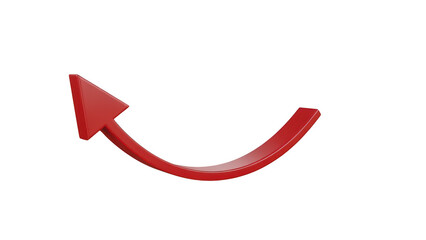 Red curved upward arrow icon on transparent background, glossy 3d style, rising trend symbol for business growth, progress and direction
