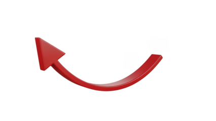 Red curved upward arrow icon on transparent background, glossy 3d style, rising trend symbol for business growth, progress and direction

