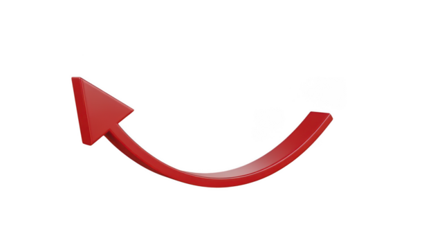 Red curved upward arrow icon on transparent background, glossy 3d style, rising trend symbol for business growth, progress and direction
 - Powered by Adobe