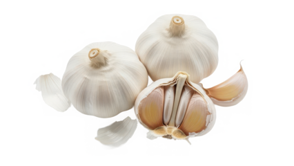 Fresh garlic bulbs with one cut in half, revealing cloves isolated on transparent background