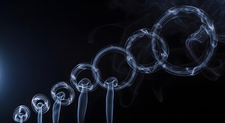 Five connected smoke rings in increasing size, forming abstract shapes with ethereal glow against dark background, symbolic of progress and growth.