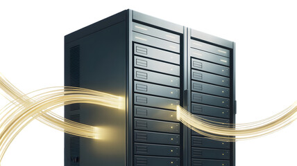 Server Racks with Golden Light Trails, Data Transfer Concept, Modern Technology, Dark Background