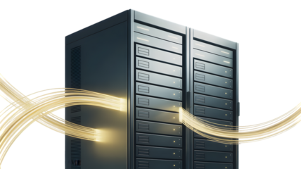 Server Racks with Golden Light Trails, Data Transfer Concept, Modern Technology, Dark Background