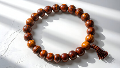 Minimalist prayer beads arranged on a white background, symbolizing spirituality, faith, meditation, and mindfulness. Ideal for religious concepts, peaceful lifestyle themes, and editorial design use.