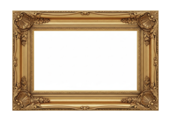 a single antique gold rococo picture frame, featuring intricate scrollwork and acanthus leaf carvings, isolated on a transparent background with blank copy space, high-key studio lighting. concept for