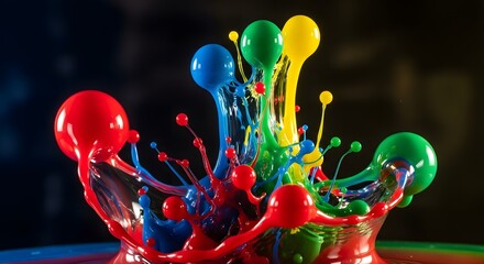Abstract macro photography showing vibrant liquid paint splashes forming dynamic colorful shapes with spherical drops on dark background representing creative energy