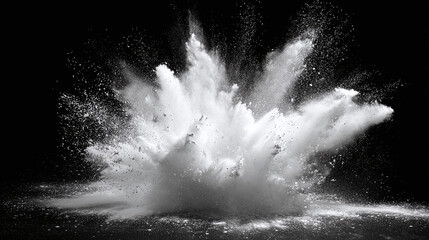 A stunning capture of a cloud of white powder exploding dramatically against a black backdrop