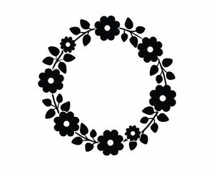 Floral Wreath Silhouette Vector Design, Spring Flower Decorative Frame Isolated on White Background