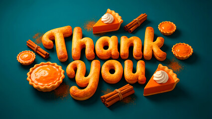 Deliciously crafted orange pumpkin pie themed letters spelling out "thank you" surrounded by sweet treats and spice for holiday greetings.
