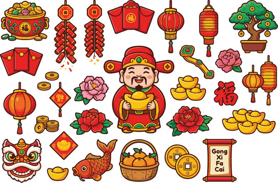 Cute Chinese God of Wealth Vector Sticker Set. Caishen holding gold ingot with treasure bowl and lucky items isolated
