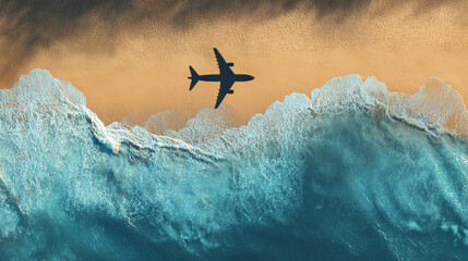 An aerial view capturing a plane flying over the ocean waves and sandy shore