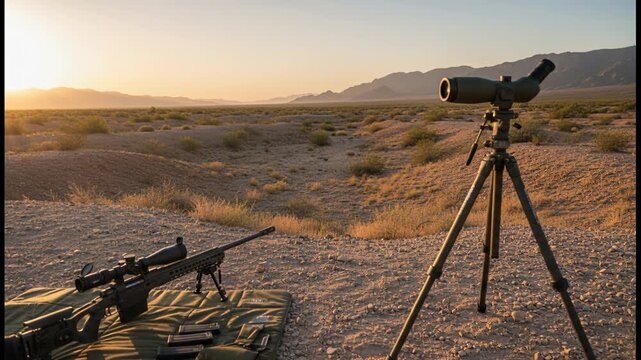 Rifle and spotting scope on a tripod in a desert landscape at sunset