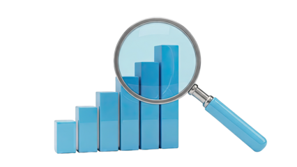 Magnifying glass over rising bar graph
