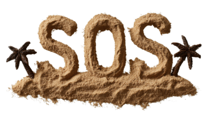 Sand forming the distress signal sos with small palm trees, conveying a message of help, urgency, and solitude. Image on transparent background