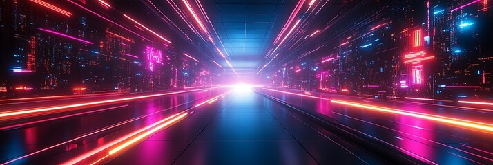 An abstract and futuristic tunnel illuminated with vibrant neon lights, symbolizing a journey through technology and innovation.
