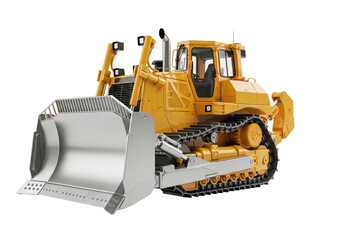 Fototapeta premium Heavy-duty tracked bulldozer, glossy safety yellow finish, detailed stainless steel blade, hydraulics visible, isolated on transparent studio background with copy space. Concept of construction