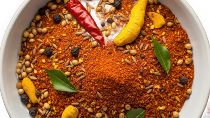 Aromatic indian spice blend with chili, coriander, and cumin seeds isolated on transparent background