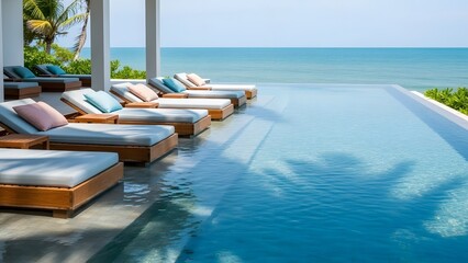 A luxury swimming pool at a tropical island resort overlooks a turquoise ocean and sandy beach with boats and relaxing chairs under a clear summer sky