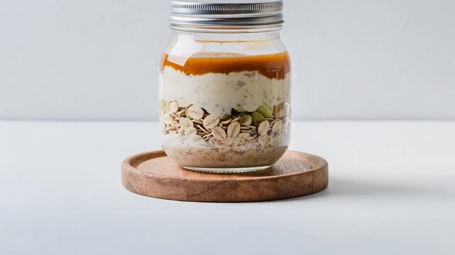Healthy overnight oats with yogurt, caramel, and seeds in a glass mason jar. Cinematic slow tilt-down revealing layers on a wooden board for wellness lifestyle.