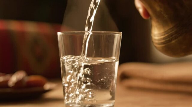 Pouring hot water into a glass from a traditional copper pot with steam rising
