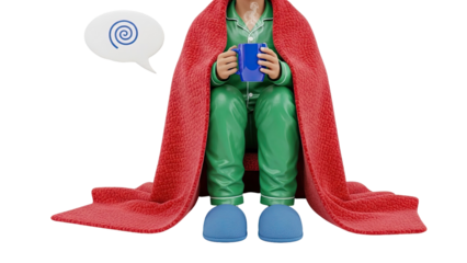 Person in pajamas, wrapped in blanket, drinking from mug, with thought bubble