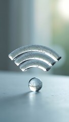 A glass Wi-Fi symbol with visible cracks, standing upright on a neutral surface, symbolizing fragile digital infrastructure