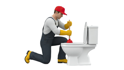 Plumber using plunger on toilet