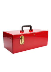 hyper-realistic, high-gloss fire engine red mechanic's toolbox with brass latch and black handle, centered on a transparent background with reflection. concept of reliability and preparedness