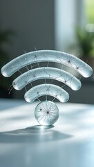 A glass Wi-Fi symbol with visible cracks, standing upright on a neutral surface, symbolizing fragile digital infrastructure