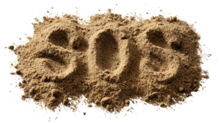 Sos message written in fine sand, symbolizing urgent help, distress, emergency, and survival on transparent background