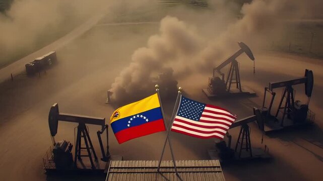 crossed flags of venezuela and usa in front of oil rigs and smoke in industrial area
