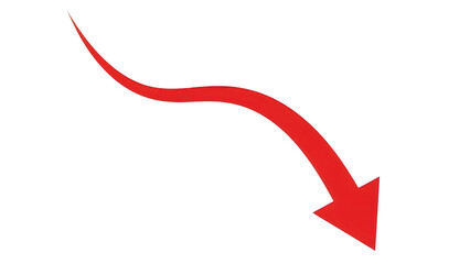 Red curved arrow icon on transparent background, bold swoosh curve pointing down right, minimal vector style direction pointer for web ui, presentations, infographics
