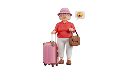 Surprised Elderly Woman with Pink Suitcase and Brown Bag