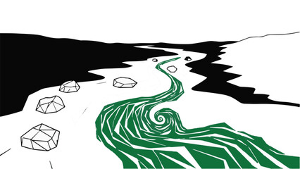 Fototapeta premium Stylized green river flowing through stark black and white landscape with rocks