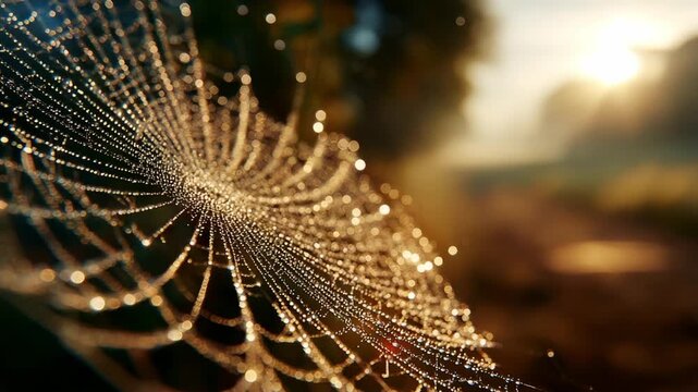 A Stunning View of a Wet Spider Web Sparkling in the Morning Light, Capturing the Beauty of Nature and the Intricacies of Web Design with Dew Drops Glimmering Like Jewels