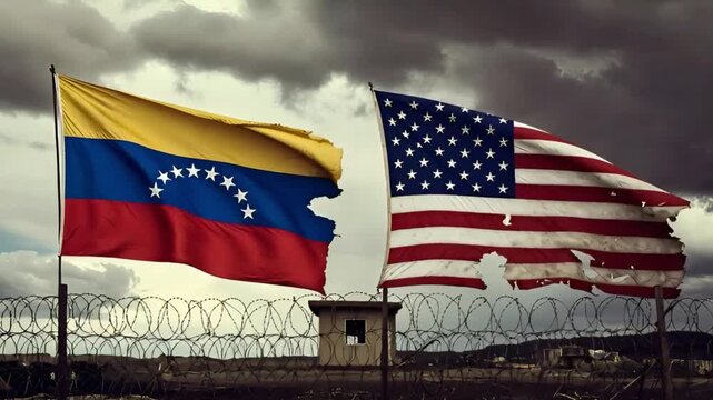 flags of venezuela and united states waving behind barbed wire fence with guard tower and stormy dramatic sky background