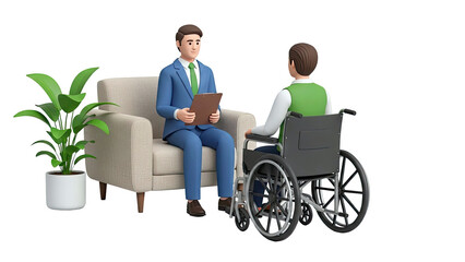 Therapist consults with person in wheelchair