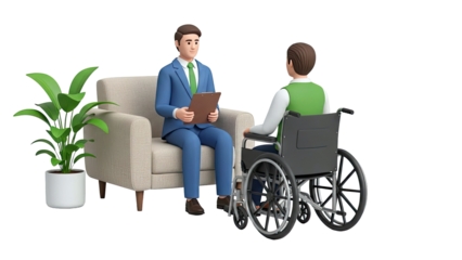 Therapist consults with person in wheelchair