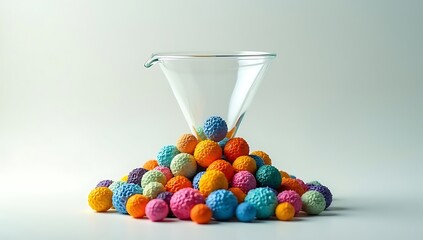 A narrow glass funnel blocking colorful idea spheres from passing through, symbolizing innovation bottlenecks