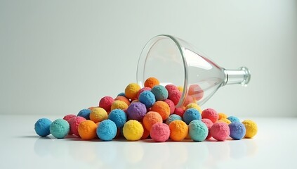 A narrow glass funnel blocking colorful idea spheres from passing through, symbolizing innovation bottlenecks