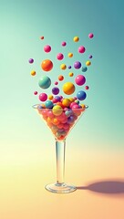 A narrow glass funnel blocking colorful idea spheres from passing through, symbolizing innovation bottlenecks