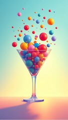 A narrow glass funnel blocking colorful idea spheres from passing through, symbolizing innovation bottlenecks