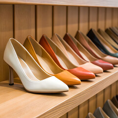 beautiful female shoes on wooden shelf